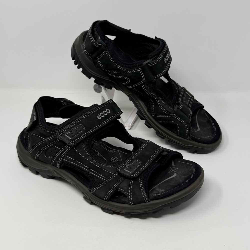 Ecco Yucatan Mens Black Leather Receptor Sport Sandals 8-8.5 42 Hook Loop Straps